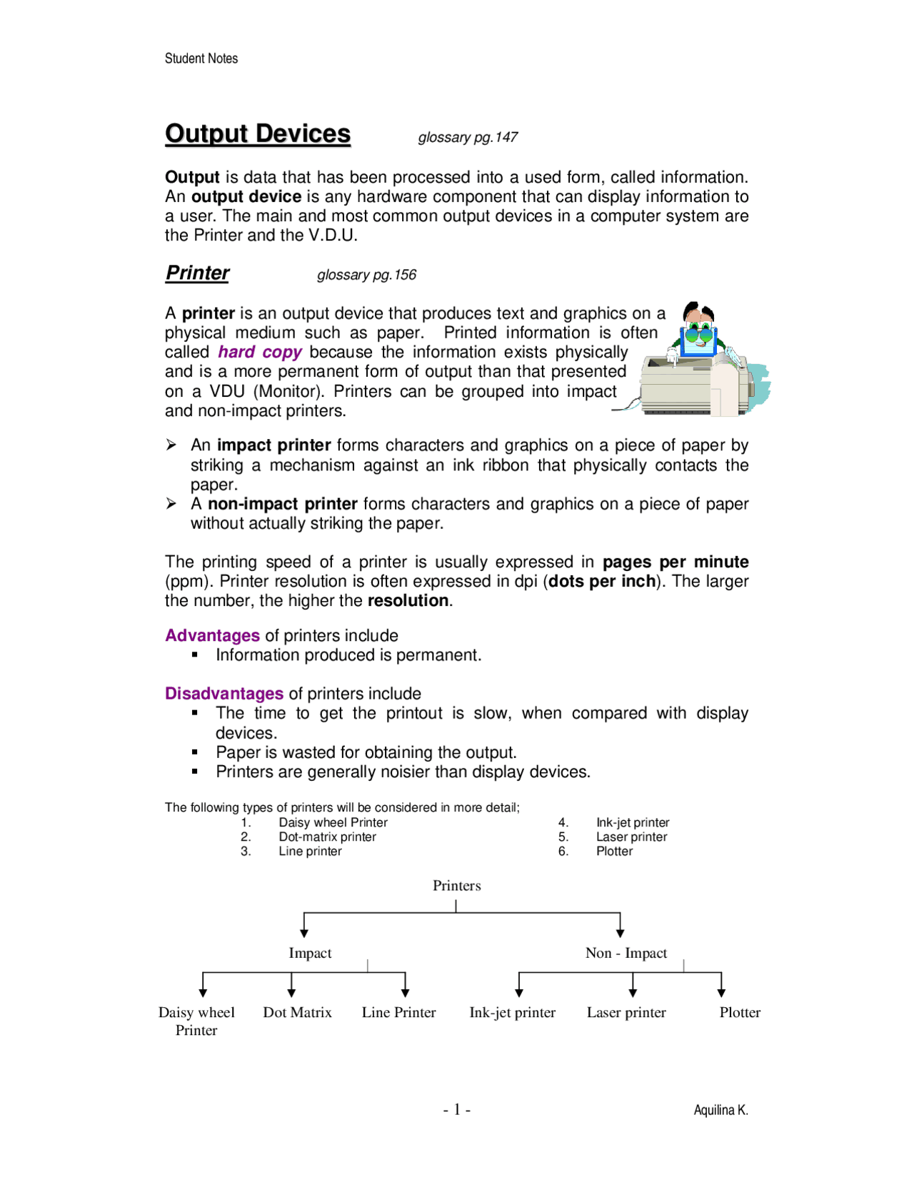 Notes On Printers Output - printers | Study notes Printing | Docsity