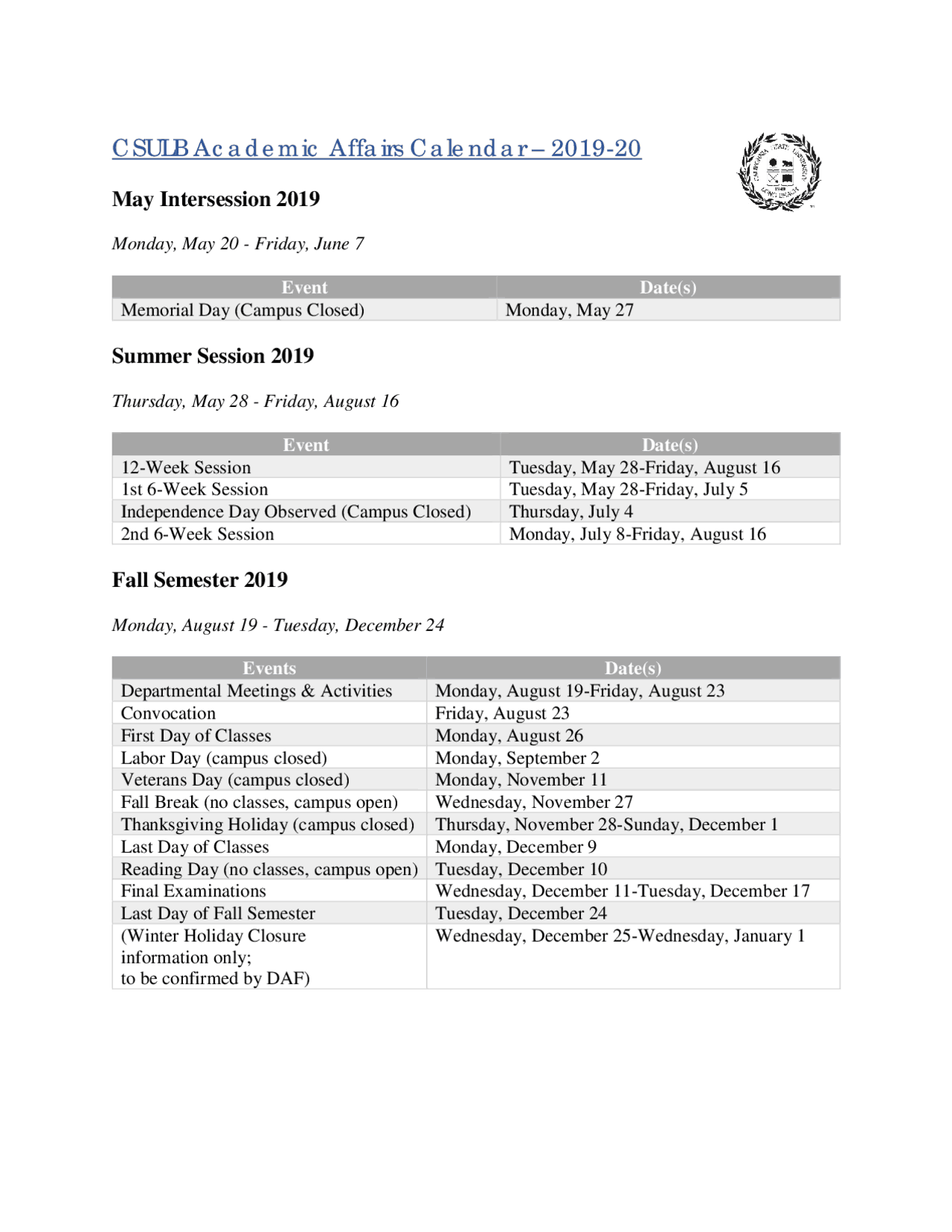 Csulb Academic Calendar 24-25