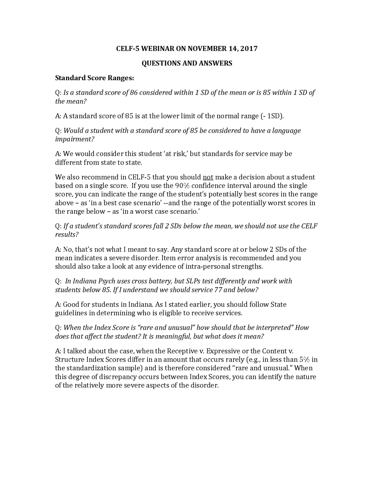 CELF5 Test Features and Interpretation Q & A Study notes