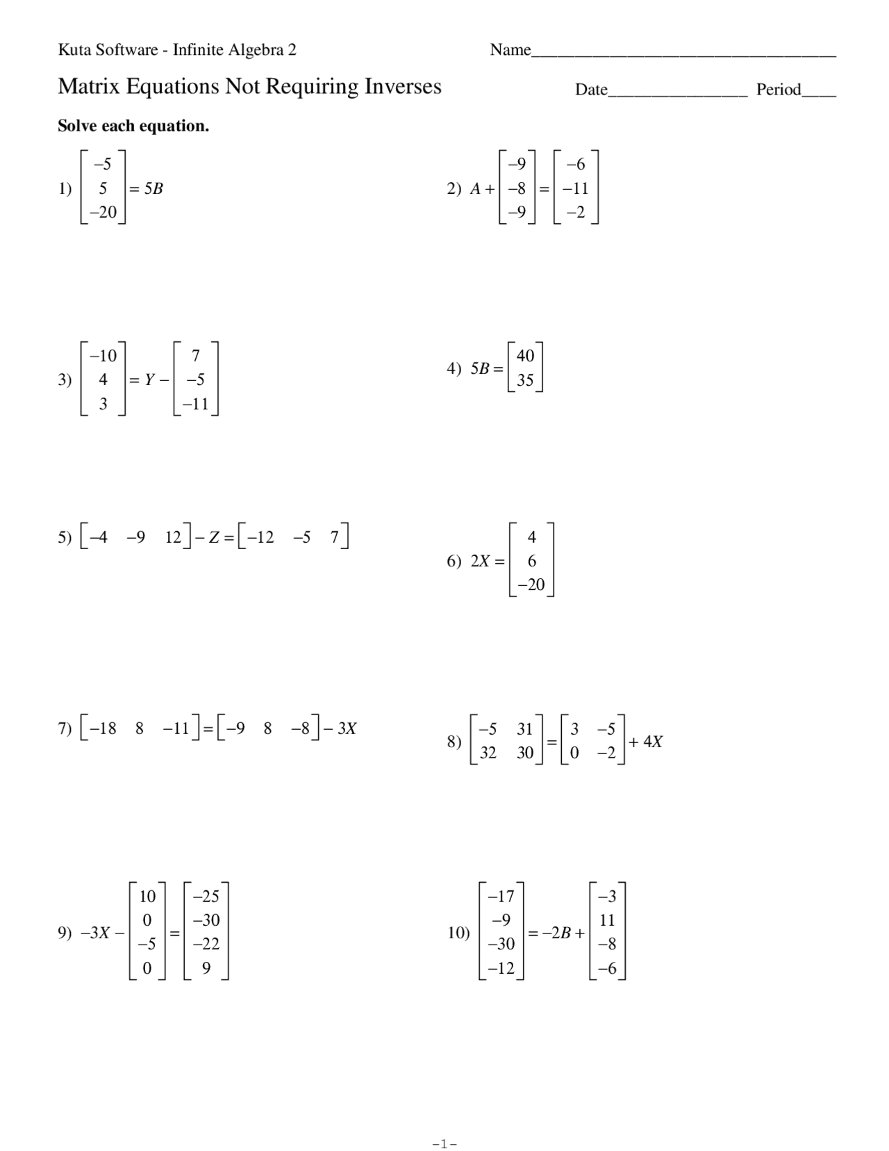 Matrix Equations Not Requiring Inverses | Study Guides, Projects ...