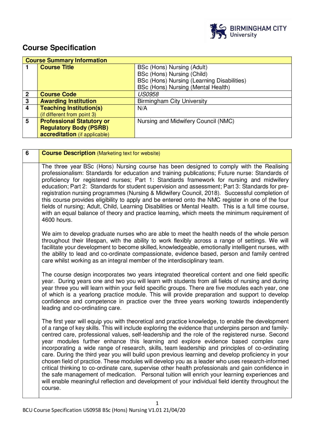 Course Specification | Study Guides, Projects, Research Nursing | Docsity
