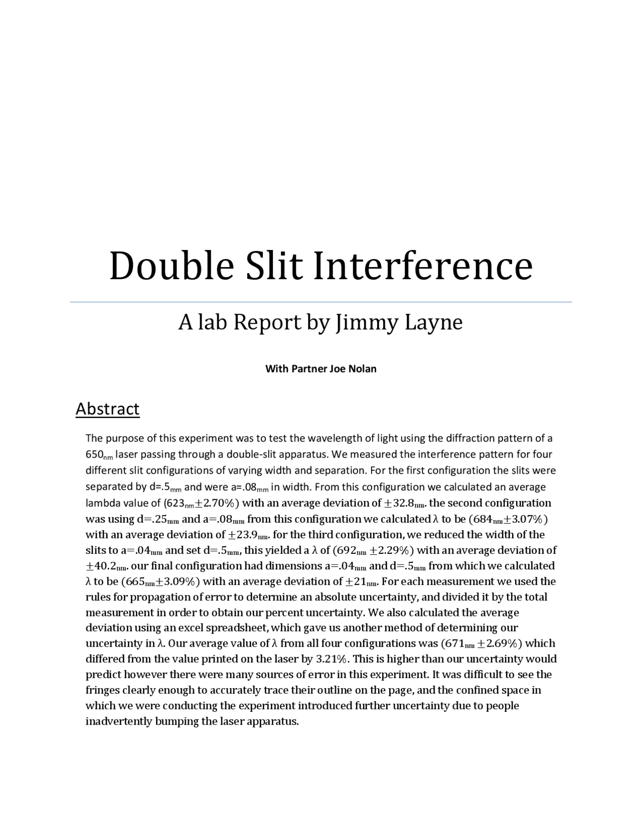 Double Slit Interference Experiment: Measuring the Wavelength of Light ...