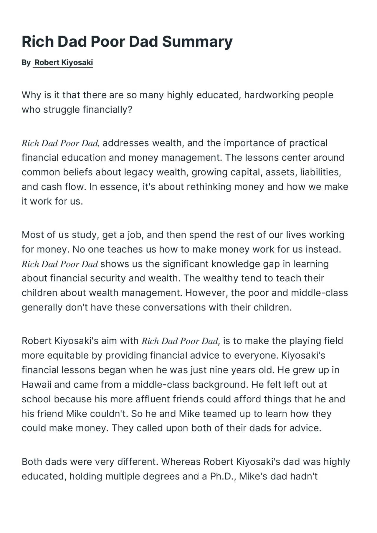 Rich Dad Poor Dad Summary | Lecture notes Business | Docsity