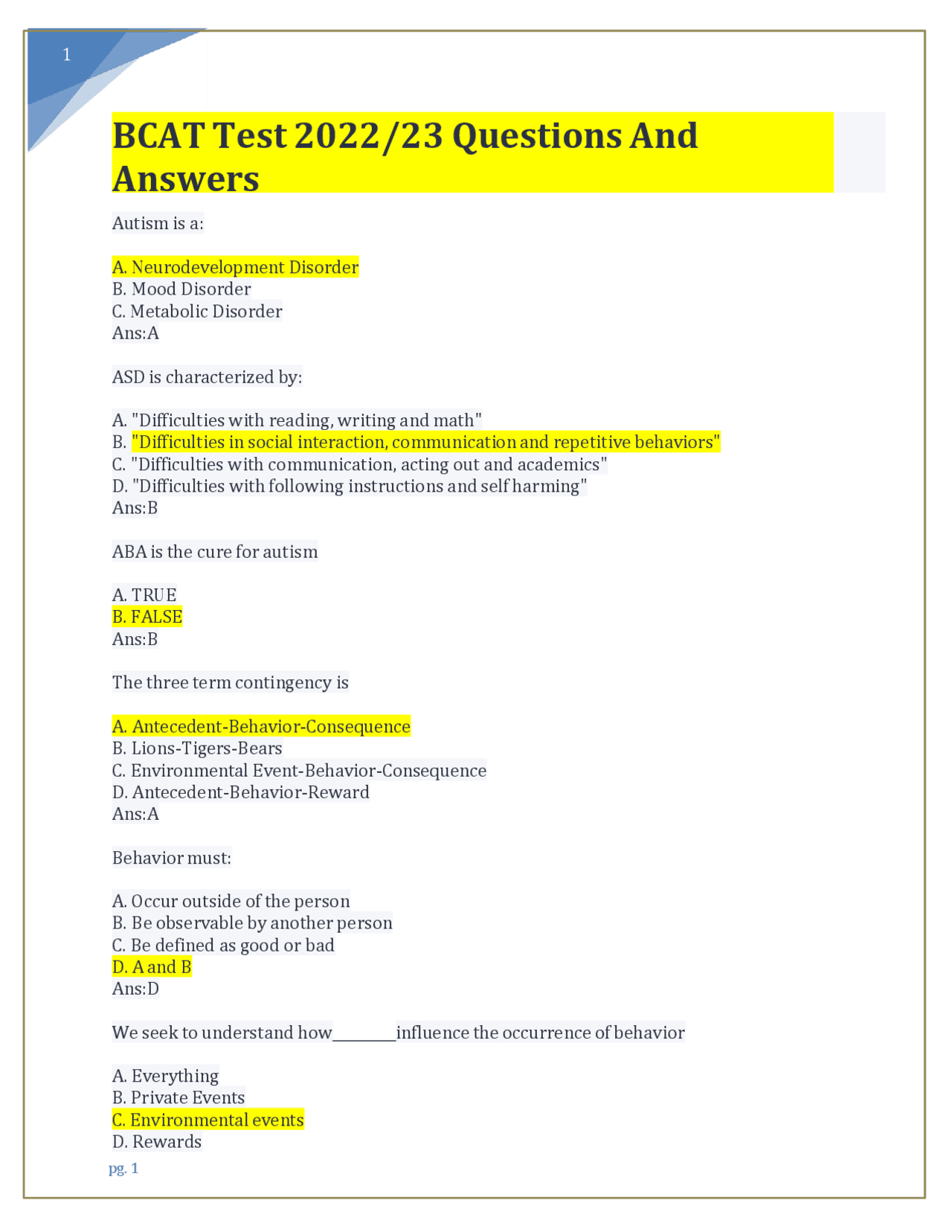 BCAT Test 2022/2023 Questions And 100% correct Answers | Exams Nursing ...