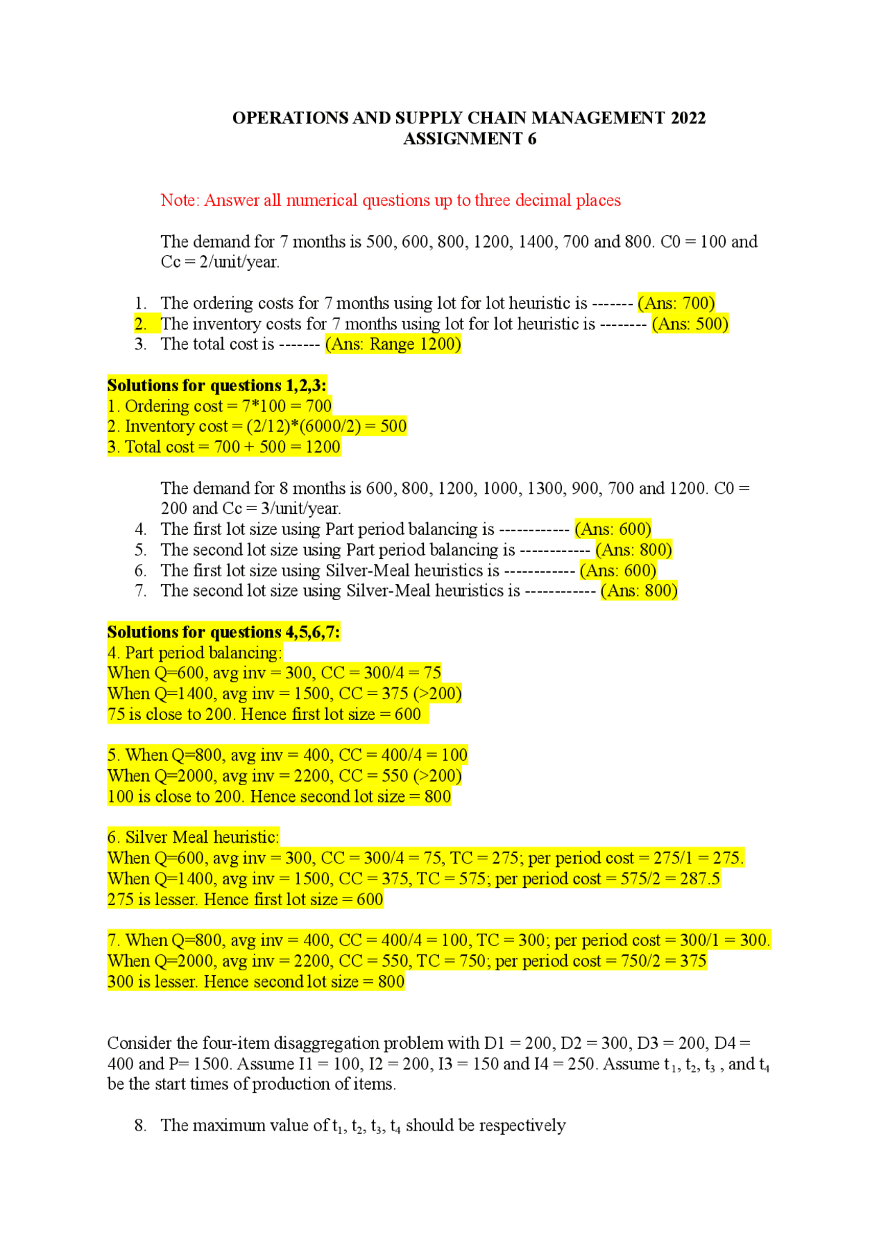 Suply Chain Assignment Question OPERATIONS AND SUPPLY CHAIN MANAGEMENT 2022 ASSIGNMENT 6 | Assignments ...