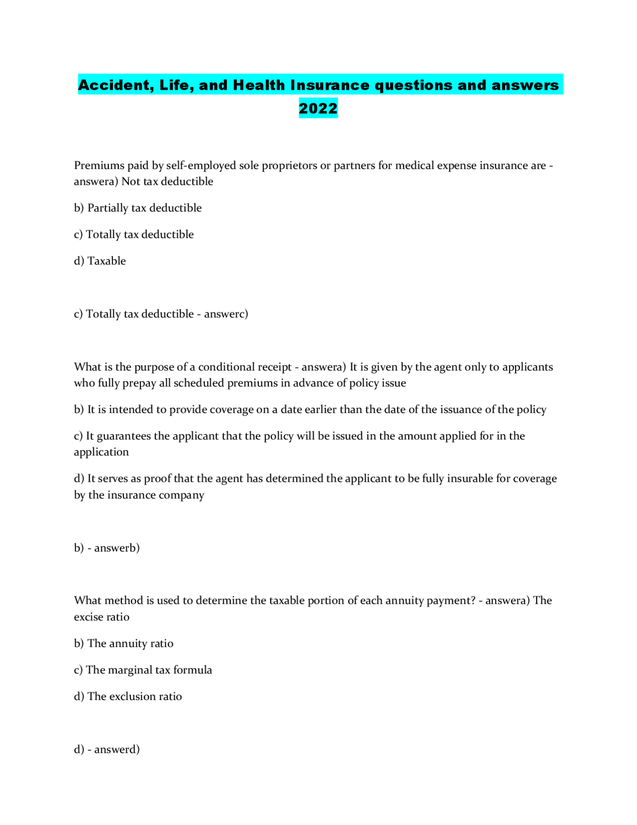Accident, Life, and Health Insurance questions and answers 2022/2023