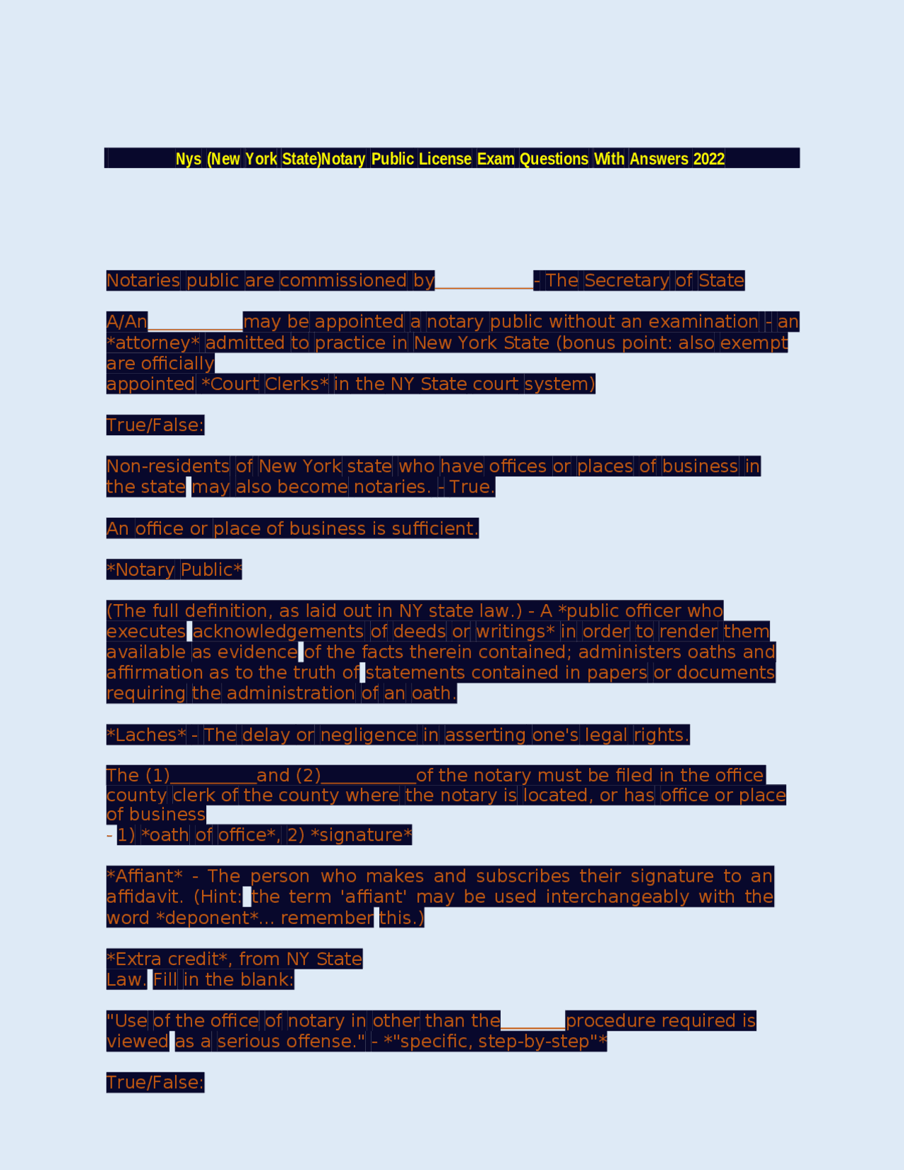 Nys (New York State)Notary Public License Exam Questions With Answers