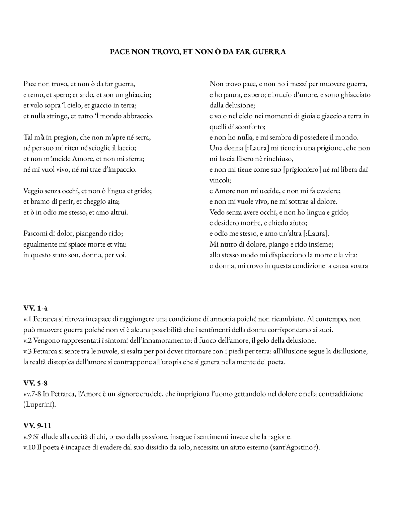 Pace non trovo, et non ò da far guerra PETRARCA Appunti di Italiano Docsity Pace non trovo, et non ò da far guerra PETRARCA Appunti di Italiano Docsity