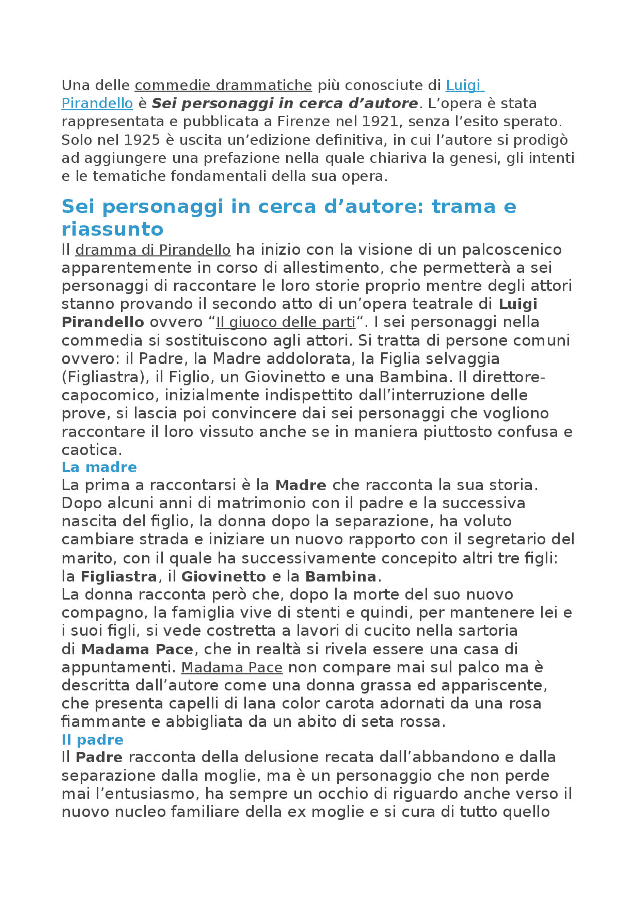 Sei personaggi in cerca d'autore | Sintesi del corso di Storia del ...