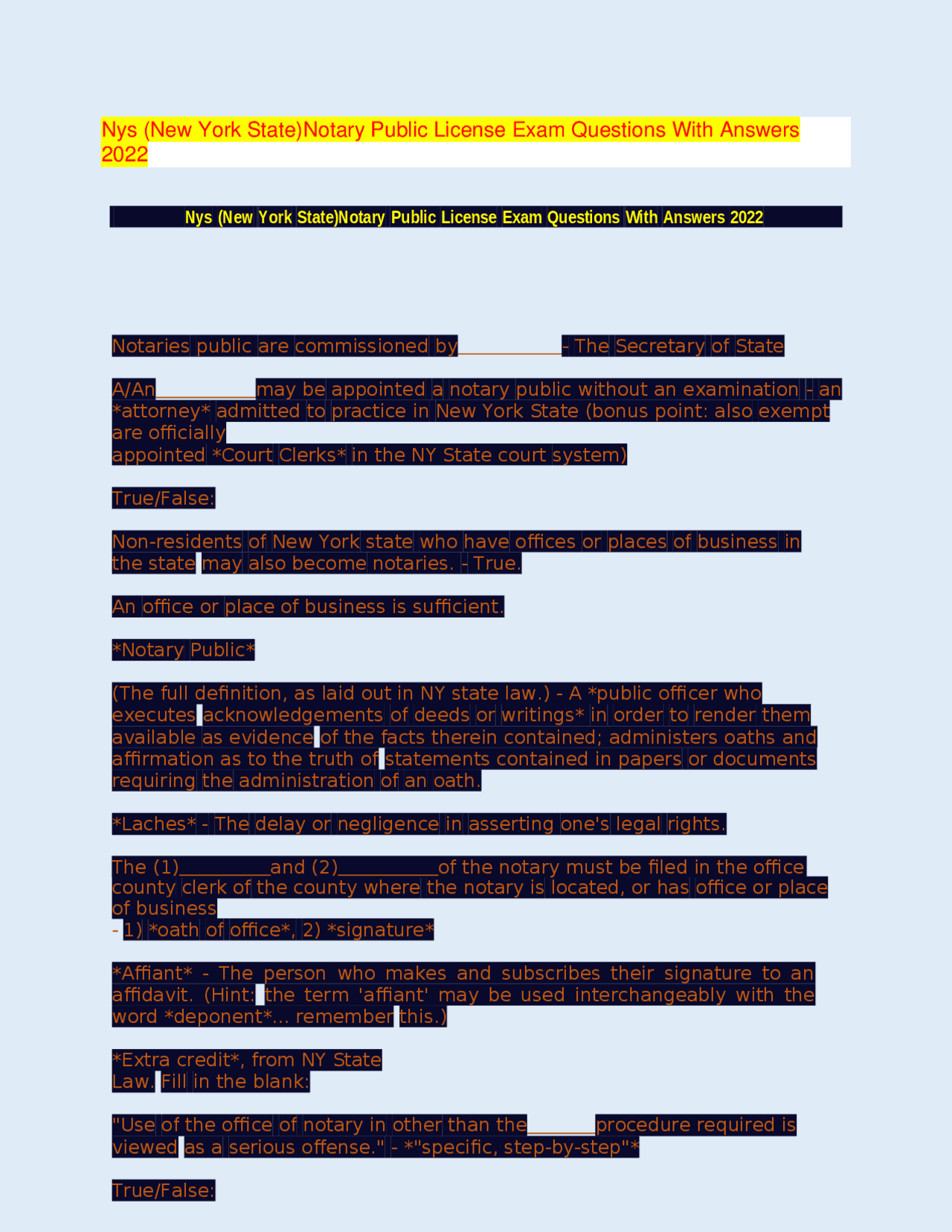 Nys (New York State)Notary Public License Exam Questions With Answers