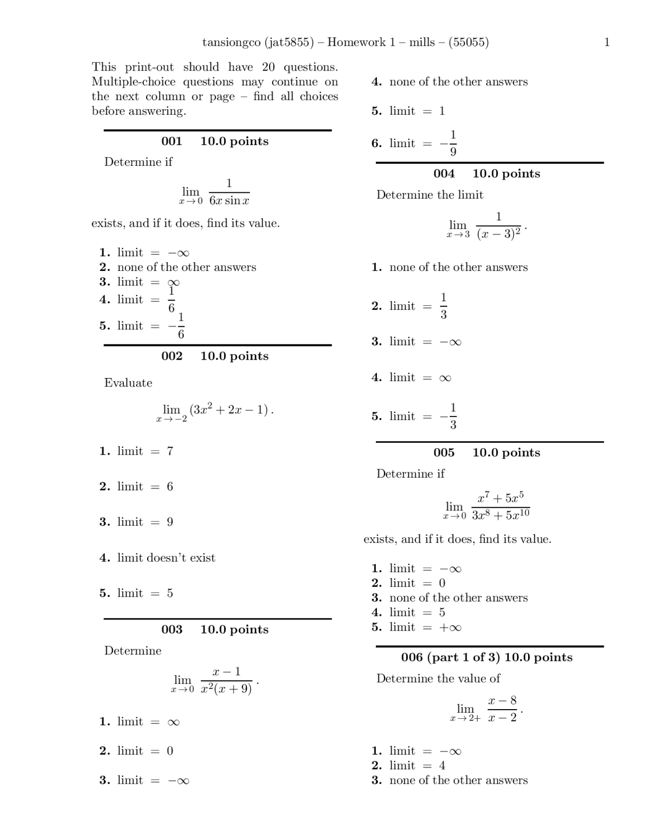 M408N HW1 limits and continuity Assignments Calculus Docsity