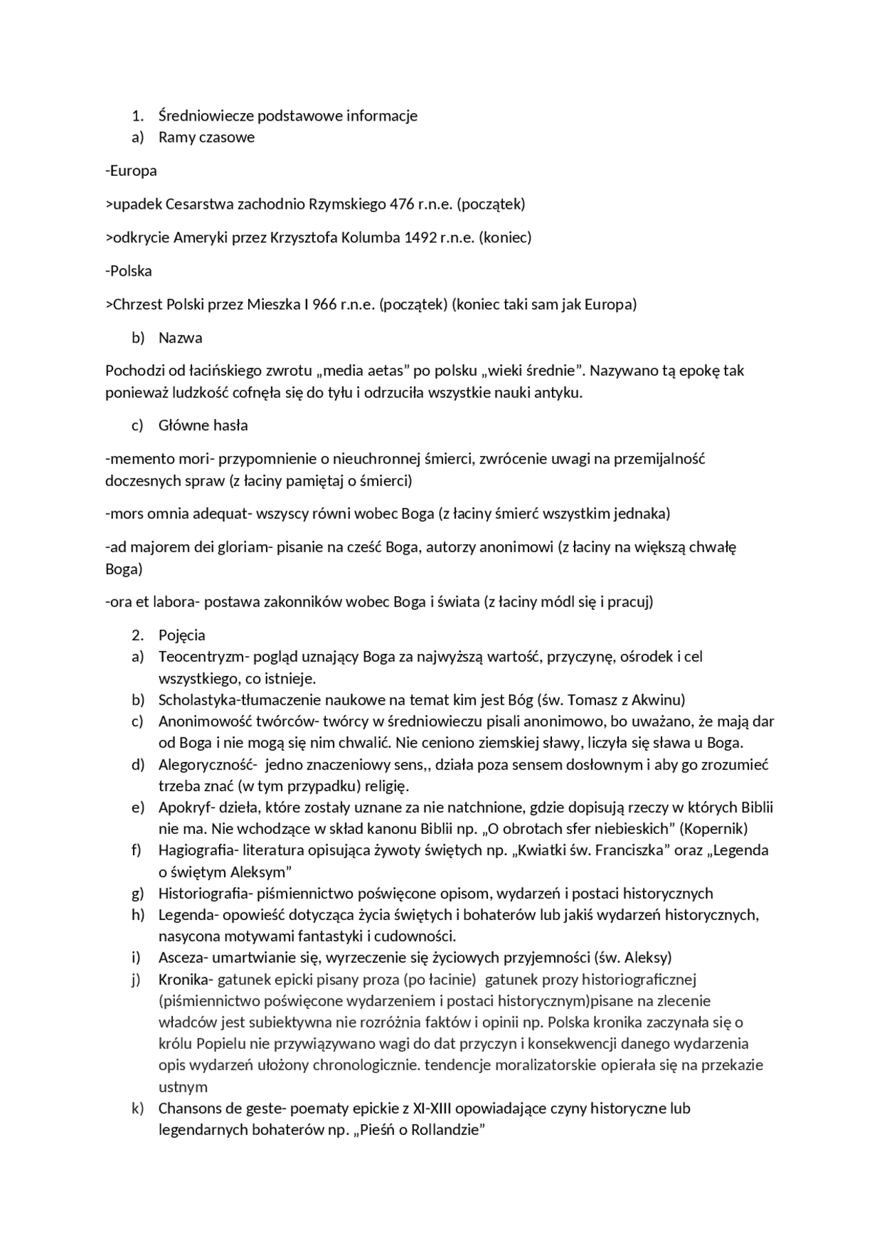 Średniowiecze notatka- Polski | Notatki Język polski | Docsity