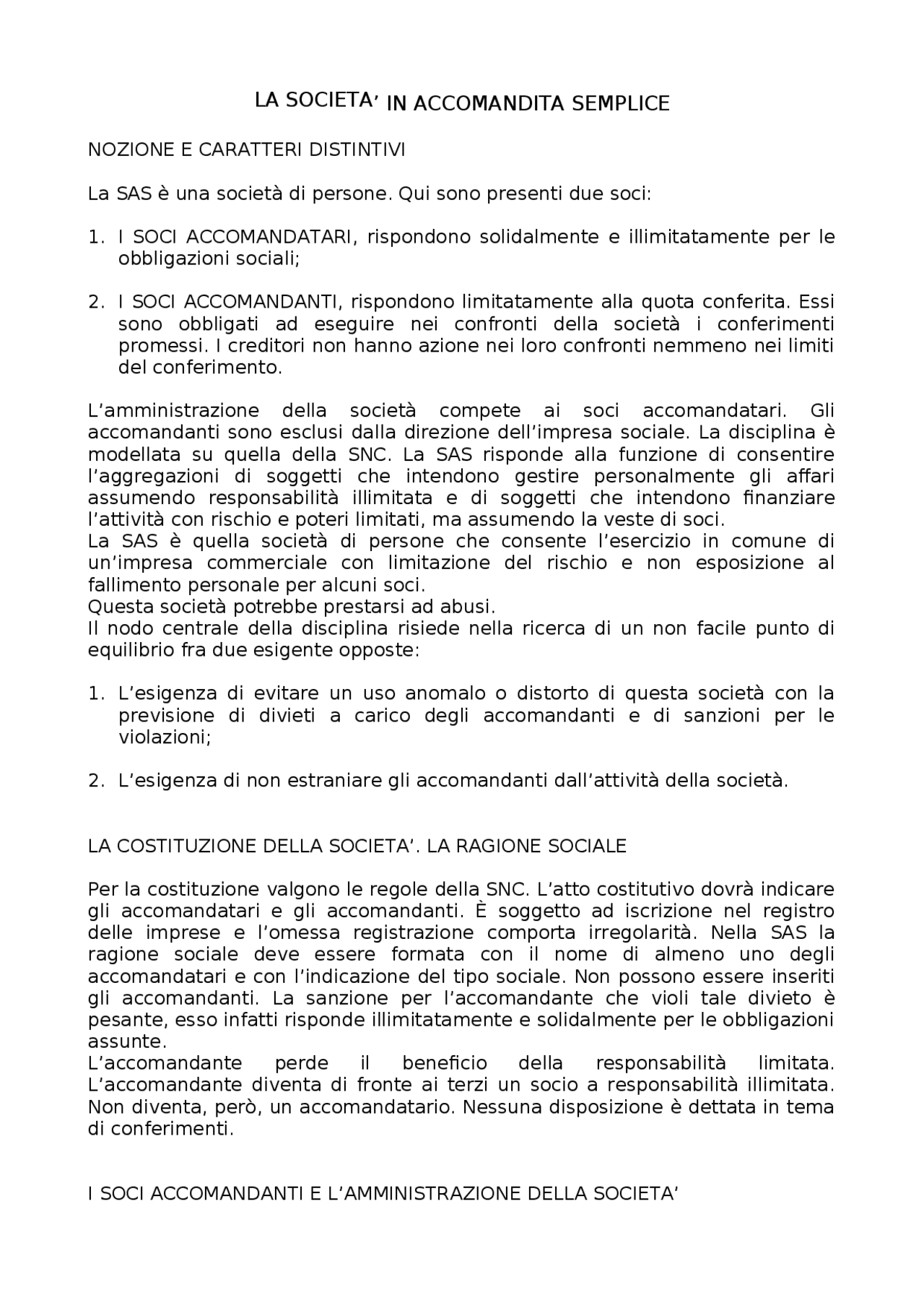 La società in semplice Dispense di Diritto Commerciale