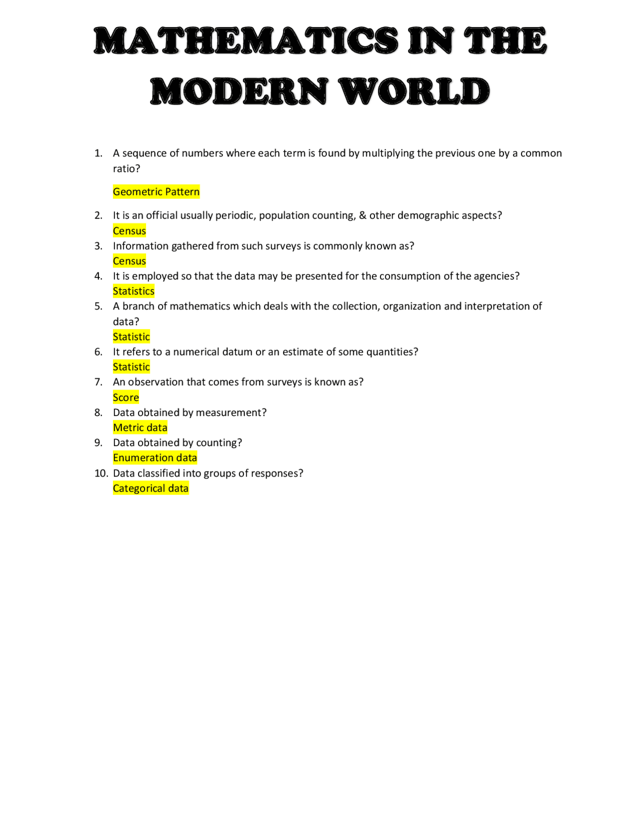 Mathematics in the modern world | Lecture notes Mathematics | Docsity