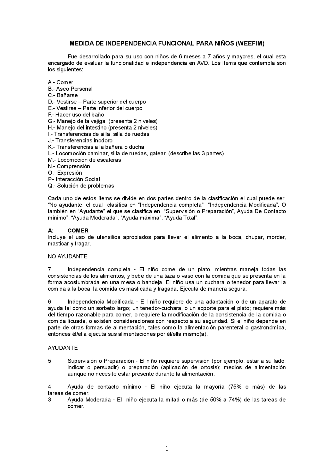 Weefim Assessment.pdf El WeeFIM (Wee - Functional Independence Measure) - medición de la ...