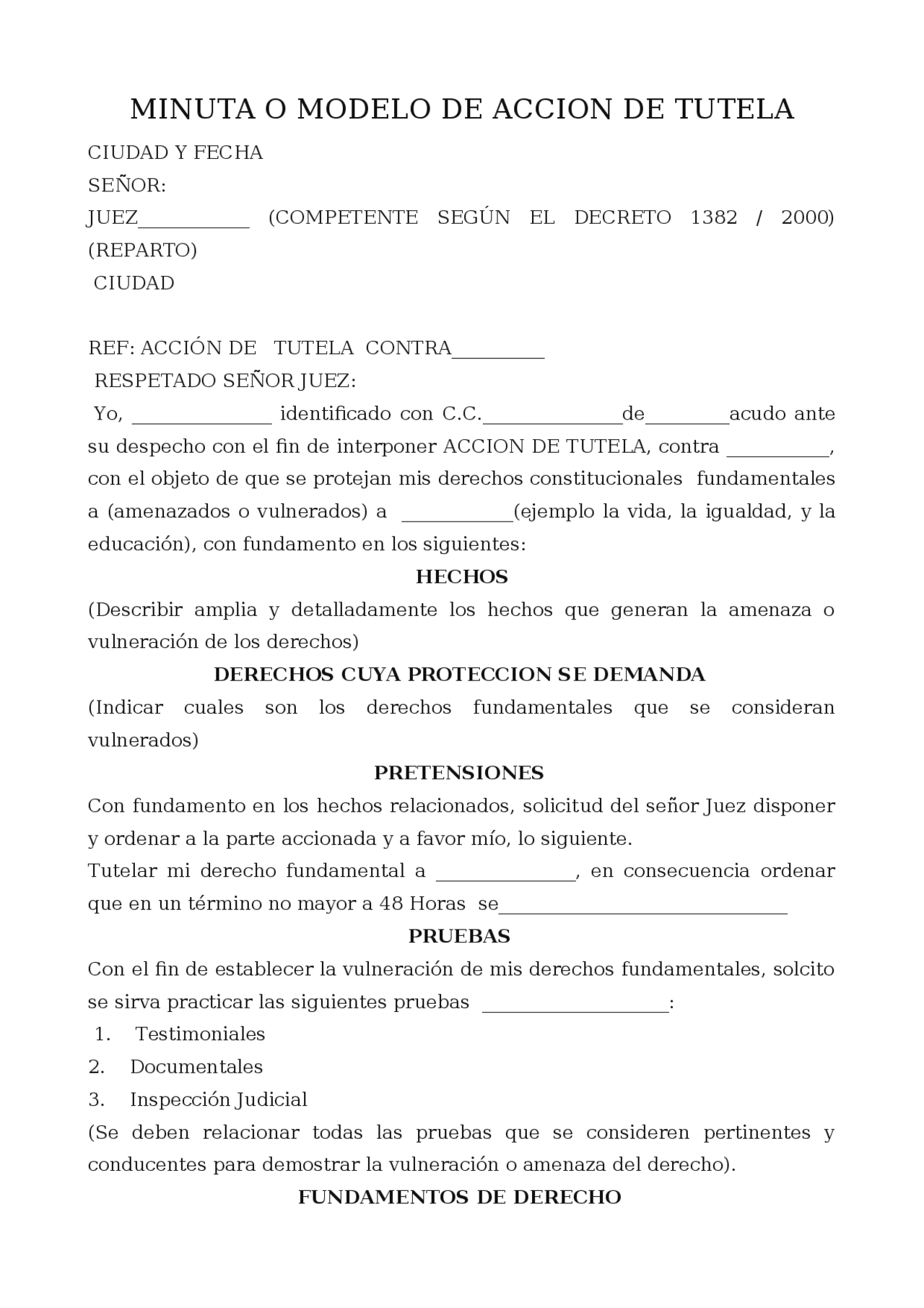 Modelo de Acción de Tutela: Ejemplo para la Protección de Derechos ...