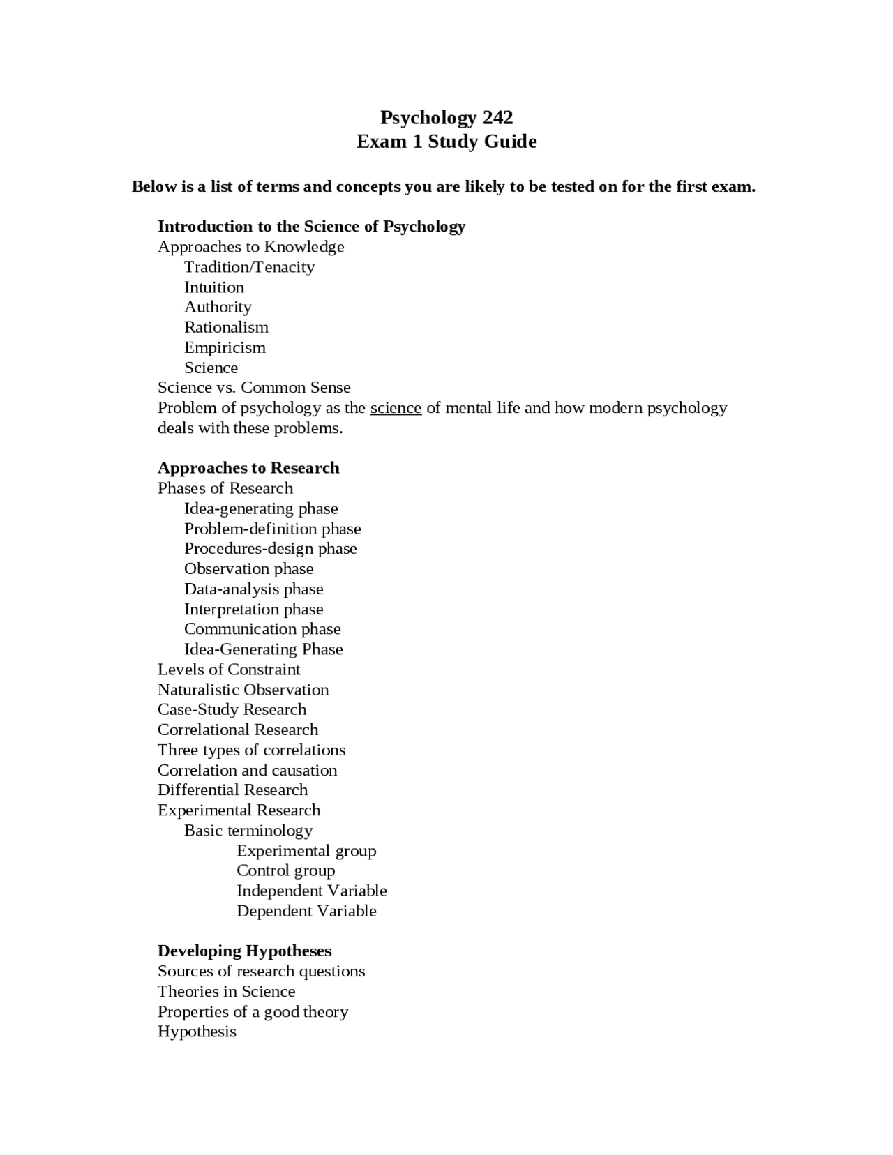 Psch 242 study guide Exam 1 | Exams Psychology - Docsity