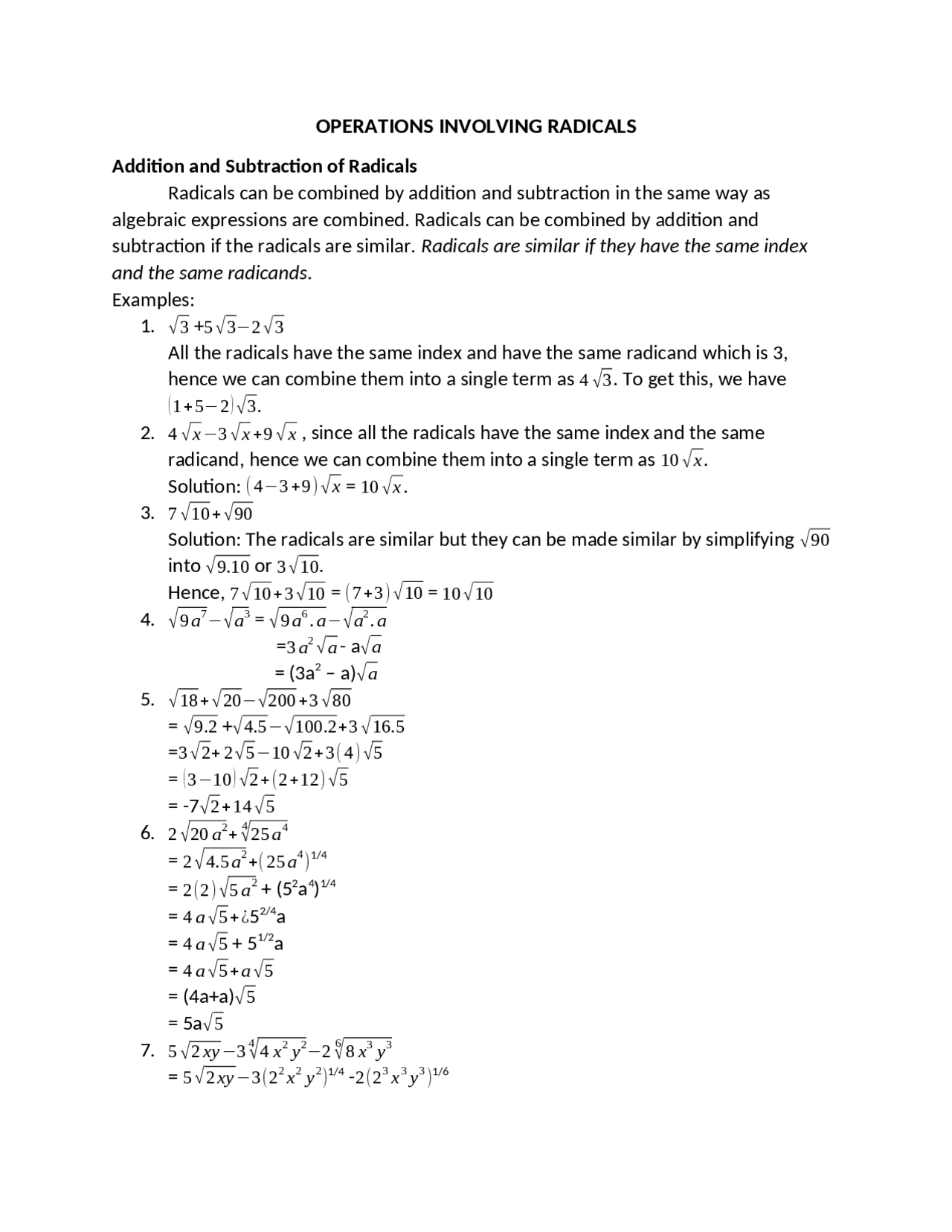 Operation Involving Radicals | Lecture notes Mathematics - Docsity