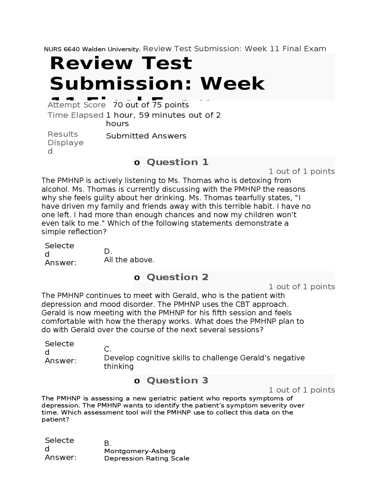 Review Test Submission: Week 11 Final Exam | Exams Nursing | Docsity