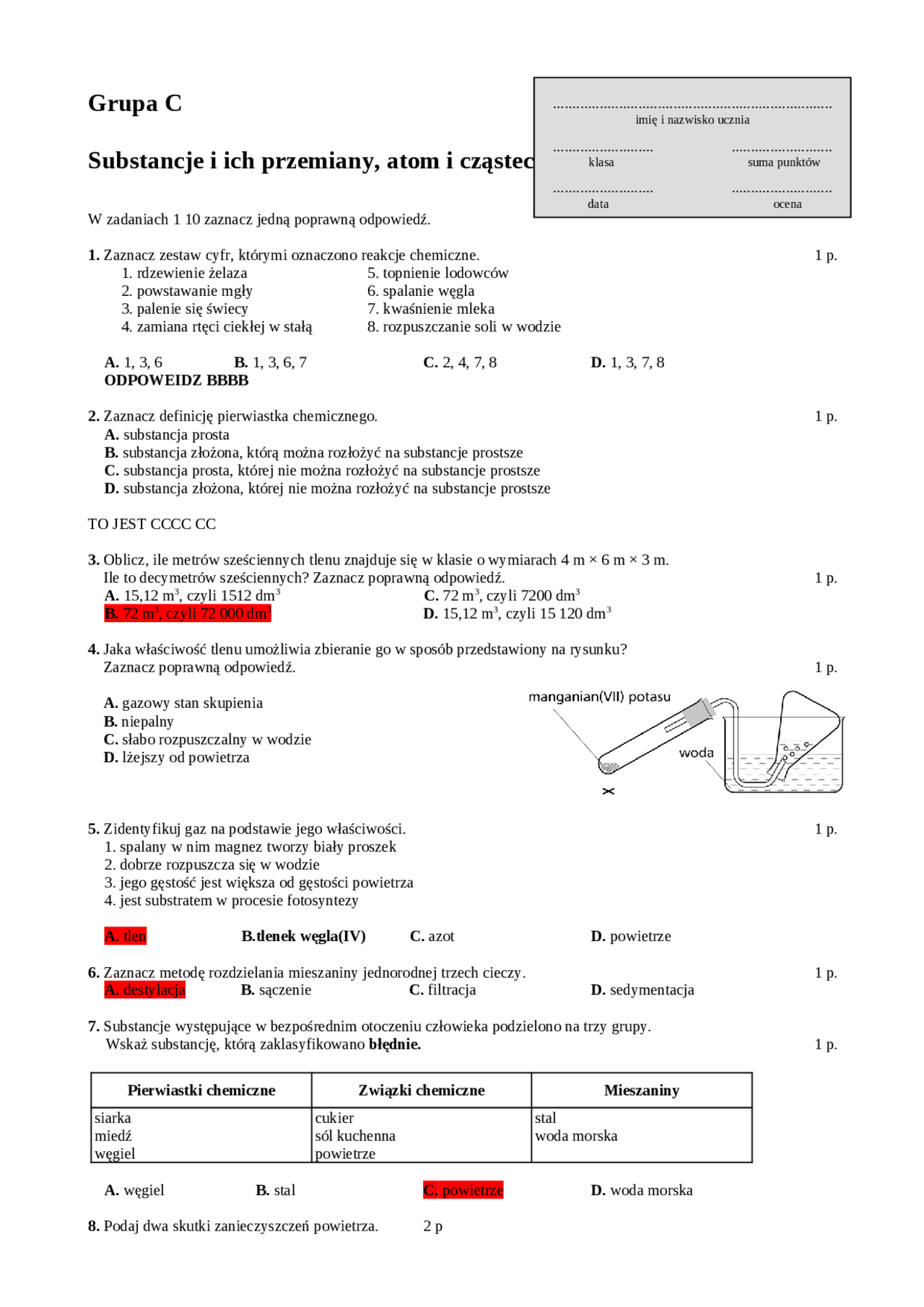 Ćwiczenia chemia klasa 8 | Ćwiczenia Chemia | Docsity