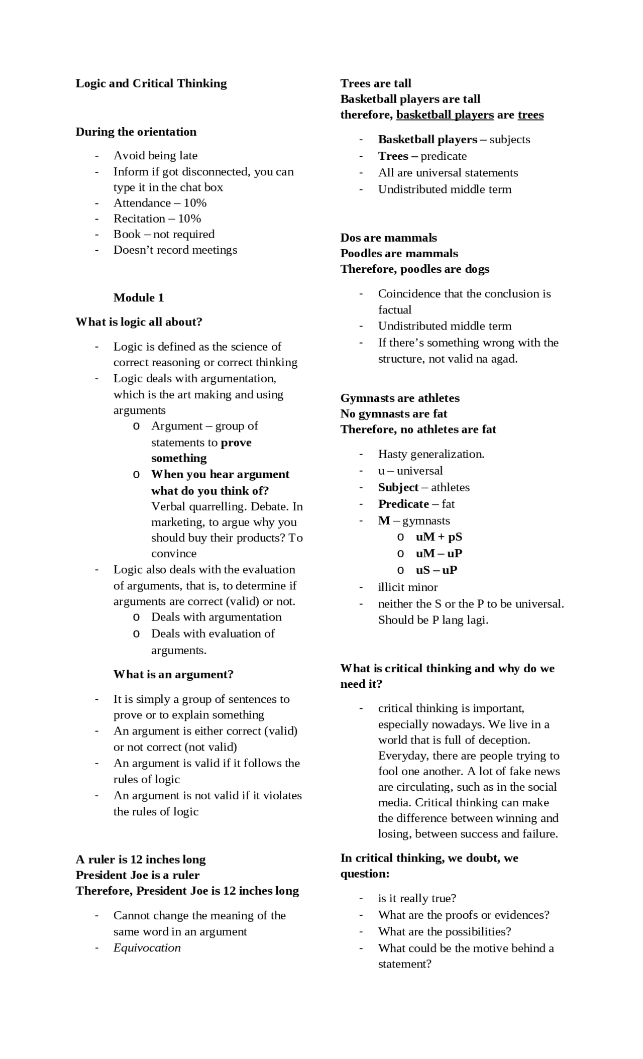 Logic Study Guide Logic and Critical Thinking | Study notes Logic - Docsity
