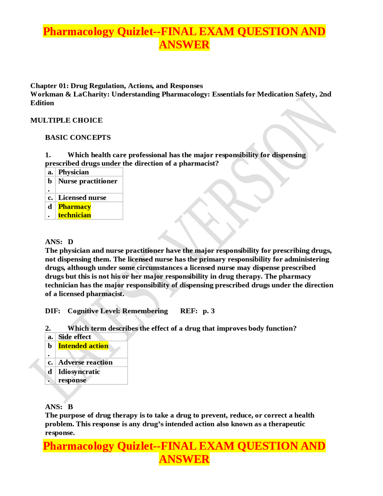Pharmacology QuizletFINAL EXAM QUESTION AND ANSWER Exams Nursing