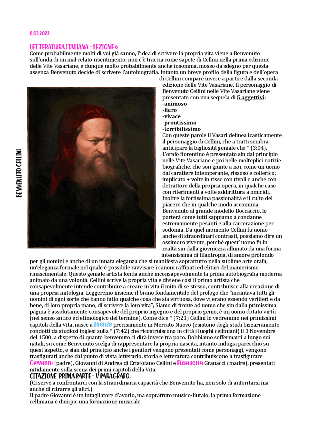 INTRODUZIONE AUTOBIOGRAFIA CELLINI - LETTERATURA ITALIANA | Appunti di ...