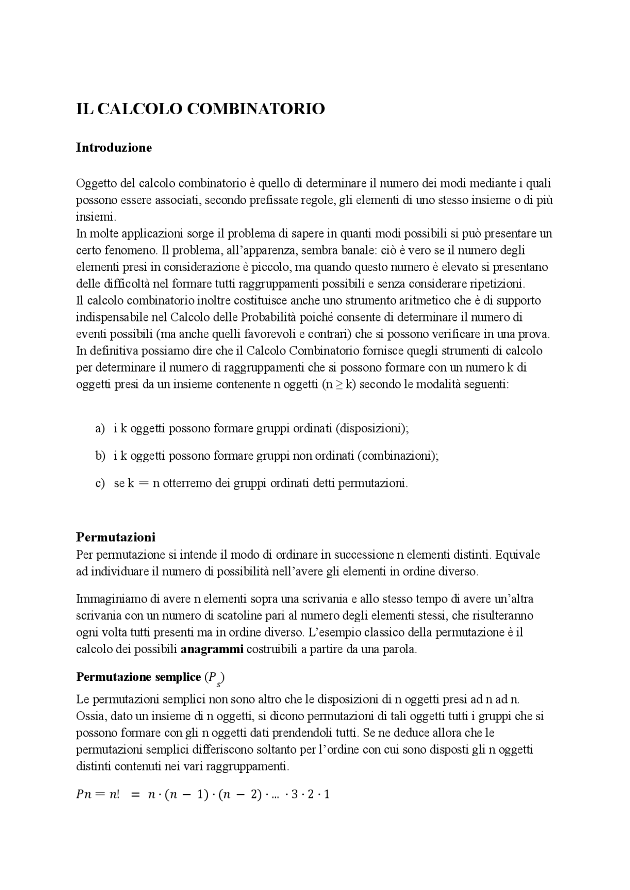 Calcolo combinatorio | Schemi e mappe concettuali di Matematica | Docsity