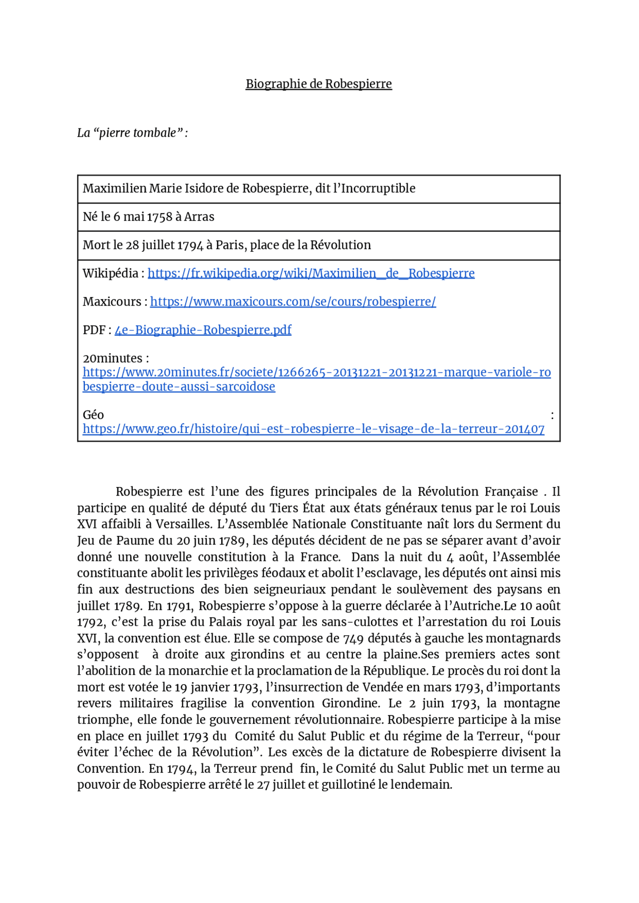 Robespierre Document Biographie Robespierre | Résumés Histoire - Docsity