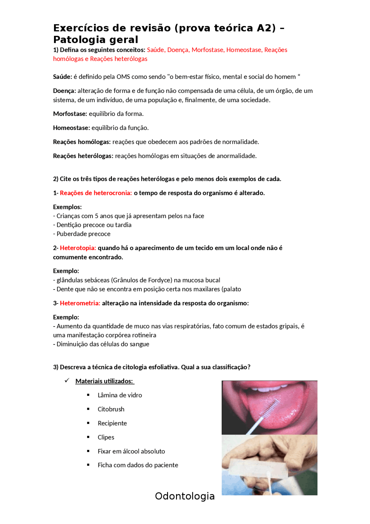 Exerc cio Patologia Bucal Exerc cios Patologia Docsity