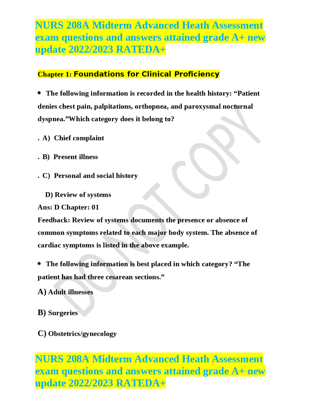 NURS 208A Midterm Advanced Heath Assessment exam questions and answers ...