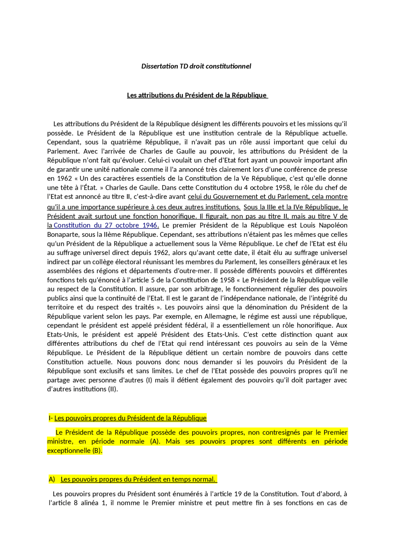 Le Parlement Sous La 5ème République Dissertation Dissertation L1 attributions du président | Exercices Droit constitutionnel  | Docsity