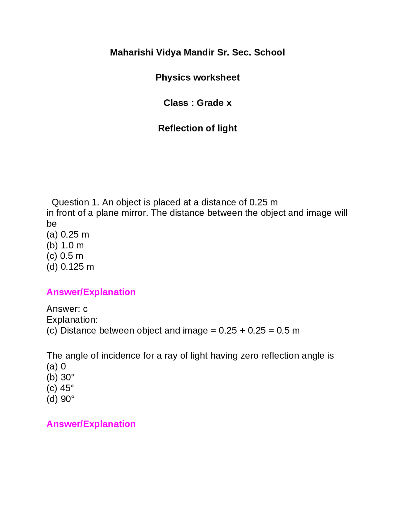 CBSE CLASS X CH 1 LIGHT PHYSICS ONE MARK QUESTIONS WITH EXPLANATION ...