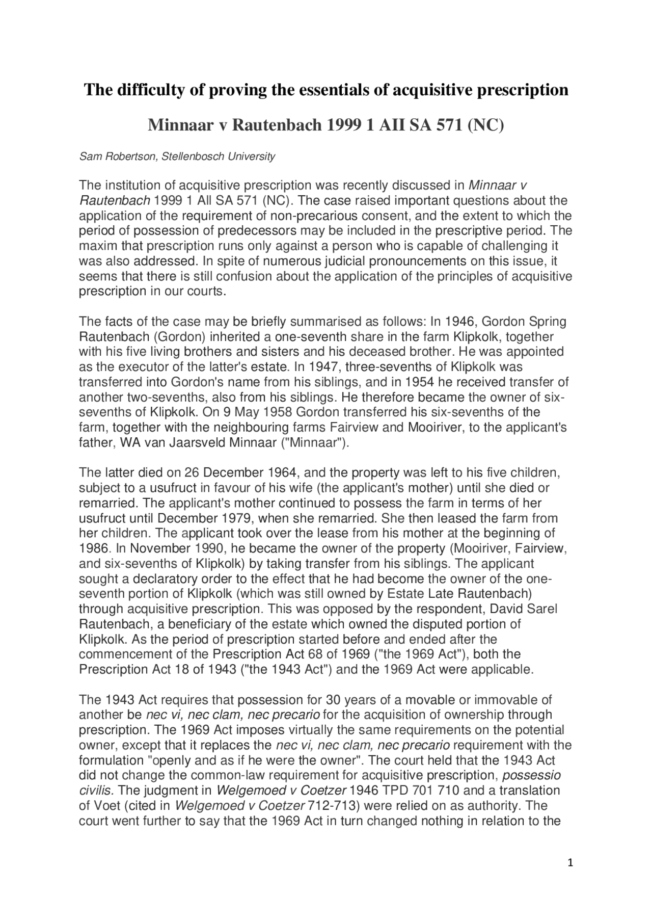 Minnaar v Rautenbach 1999 1 AII SA 571 (NC) | Lecture notes Law | Docsity