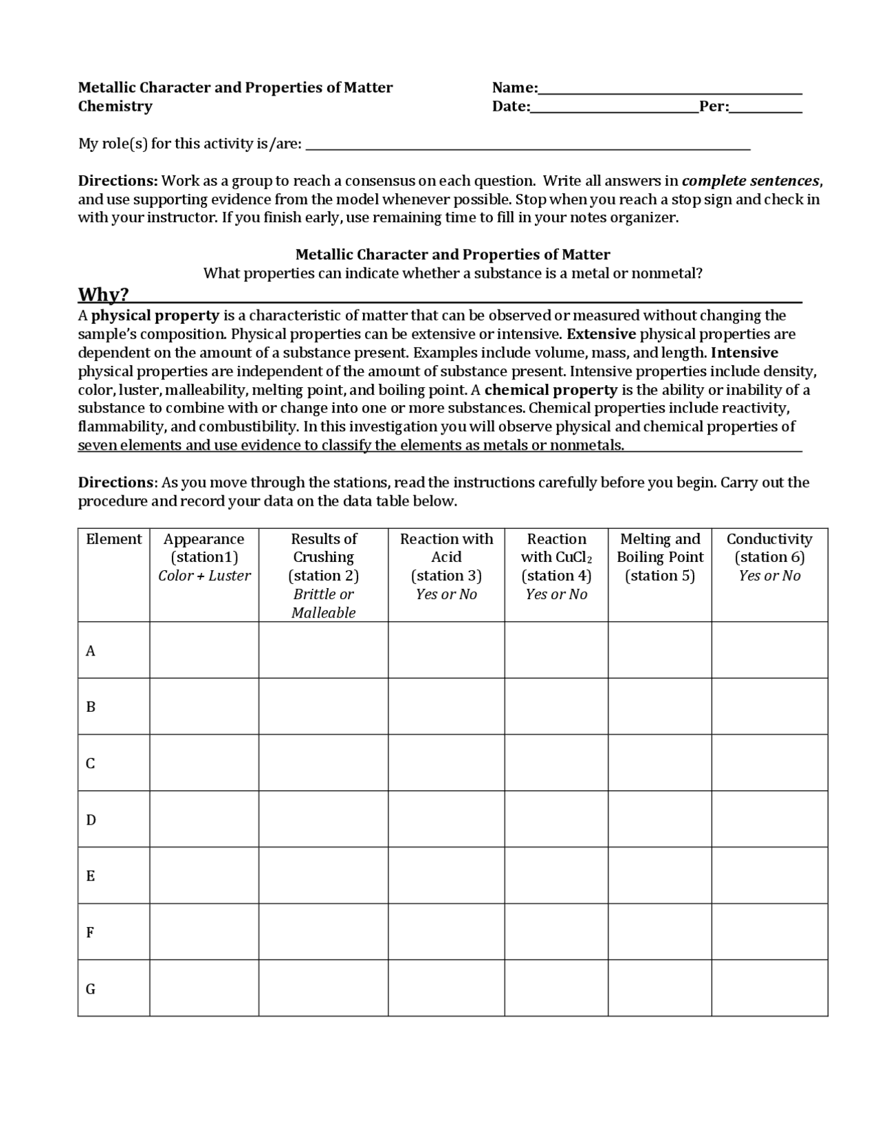 Metallic Character and Properties of Matter Name: Chemistry ... | Study ...