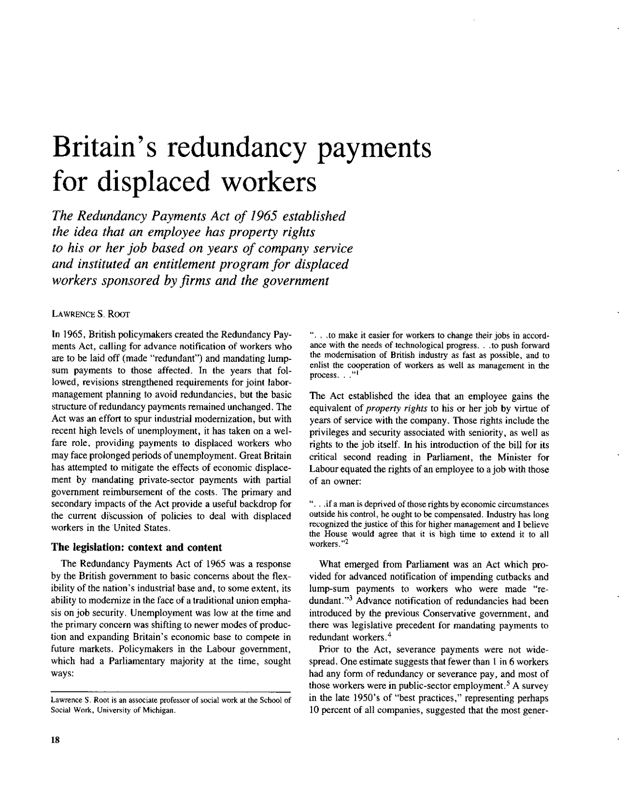 Britain's redundancy payments for displaced workers Lecture notes Law