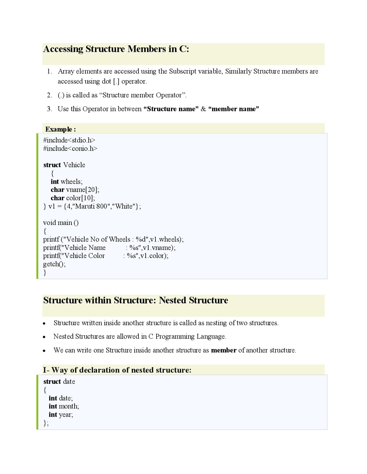 Accessing Structure Members in C | Summaries C programming | Docsity