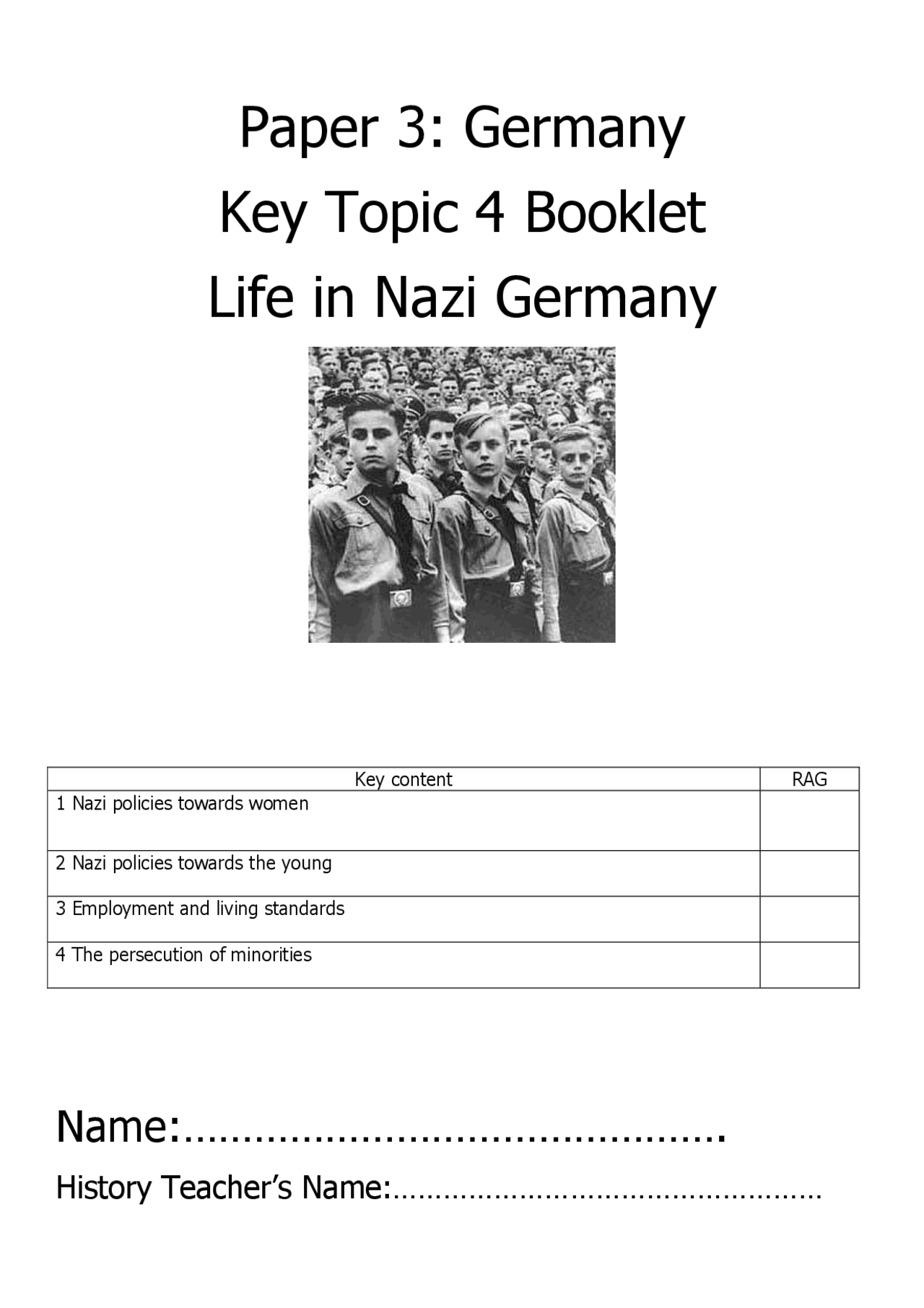 Nazi Plan Paper Paper 3: Germany Key Topic 4 Booklet Life in Nazi Germany | Apuntes ...
