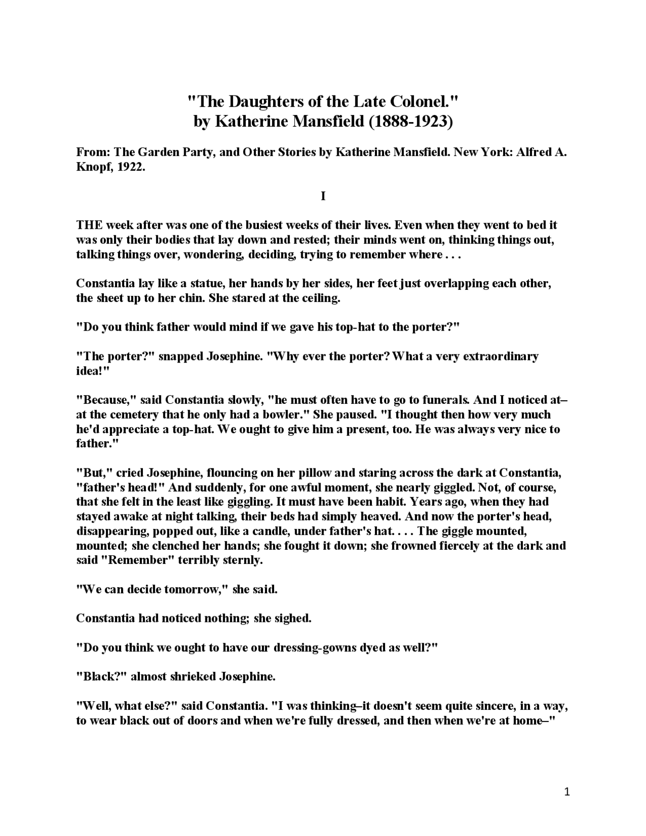 "The Daughters of the Late Colonel." by Katherine Mansfield Exams