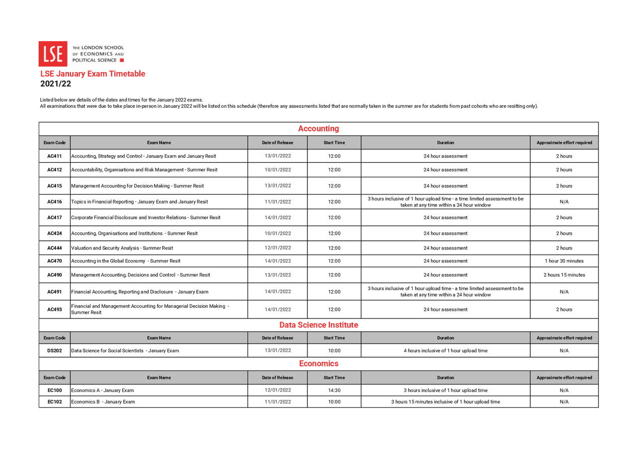 LSE January Exam Timetable Exams Economics Docsity