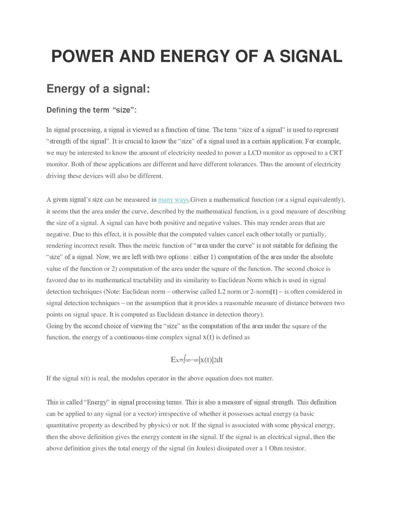 Signal Exercise POWER AND ENERGY OF A SIGNAL | Exercises Physics | Docsity