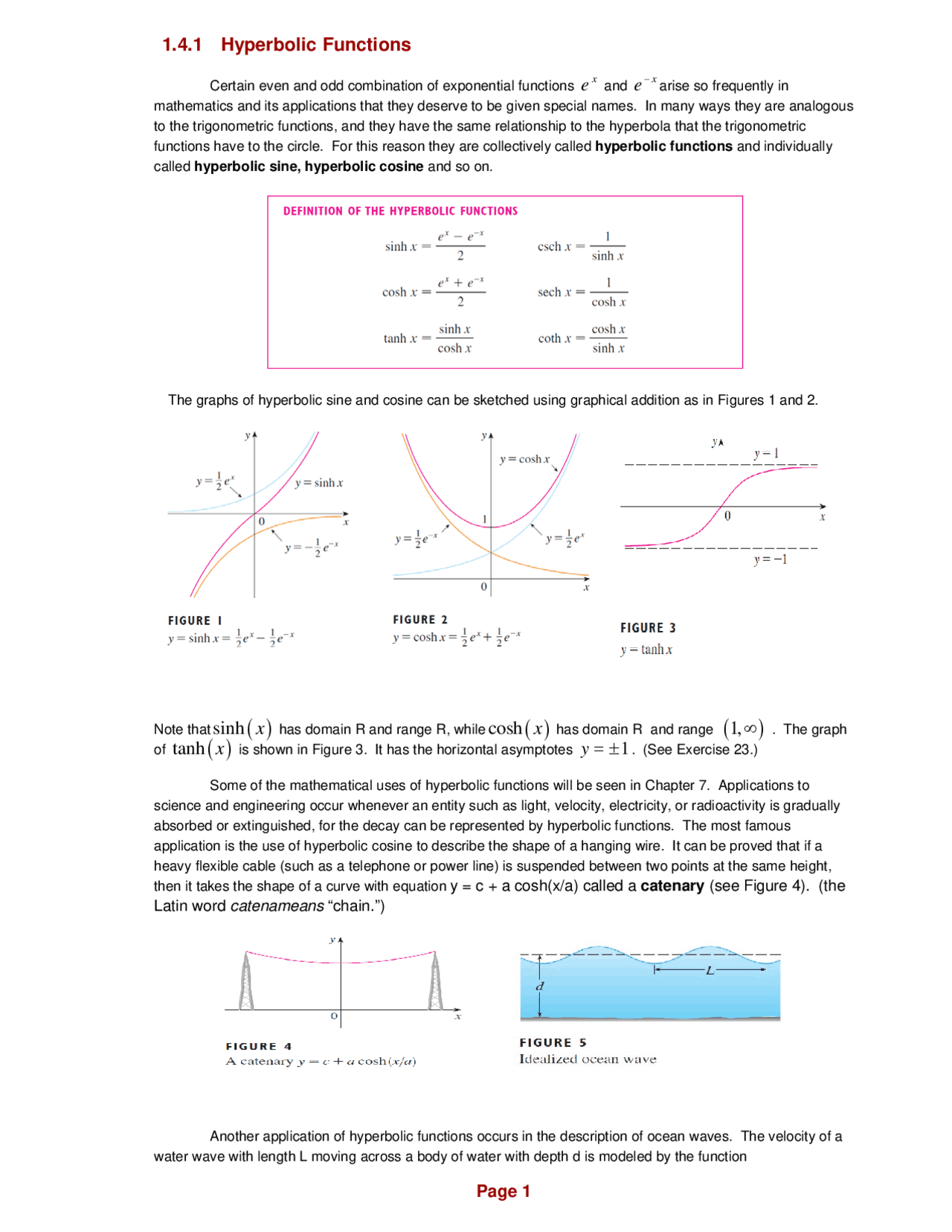 Hyperbolic Functions Sample Problems 1.4.1 Hyperbolic Functions | Exercises Mathematics | Docsity