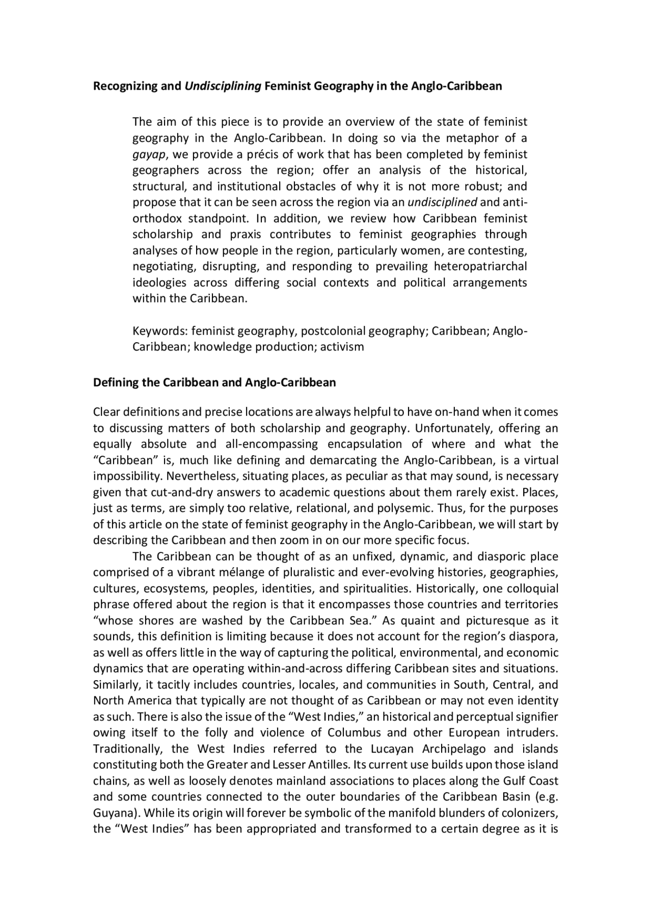 Recognizing and Undisciplining Feminist Geography in the Summaries Geography Docsity