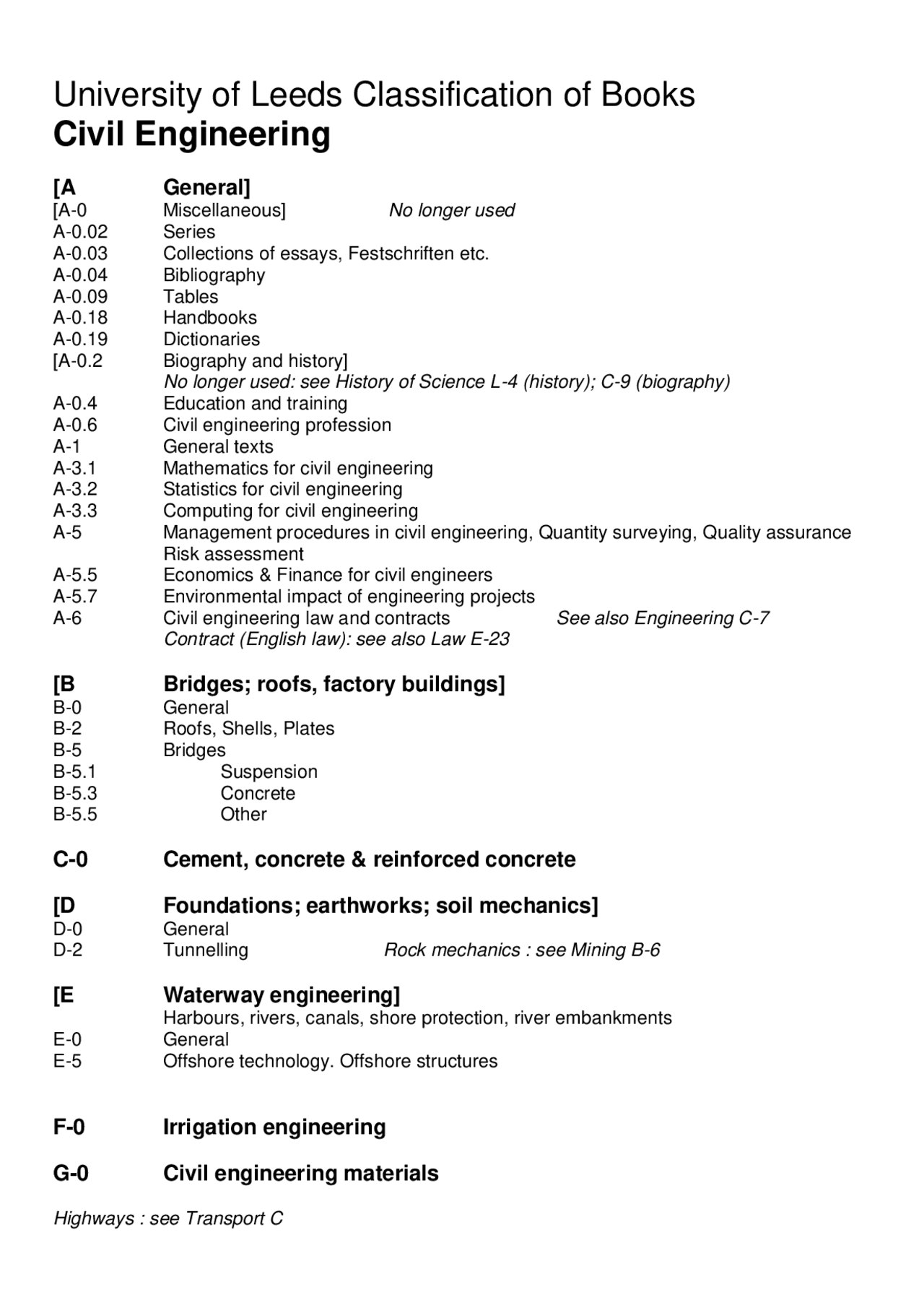 University of Leeds Classification of Books Civil Engineering Study