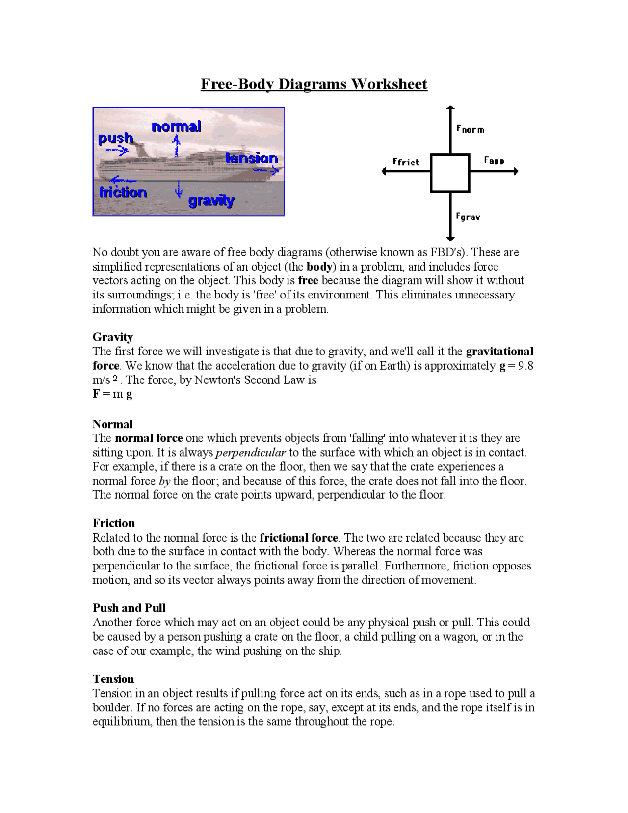 Free Body Diagrams Worksheet Study Notes Acting Docsity