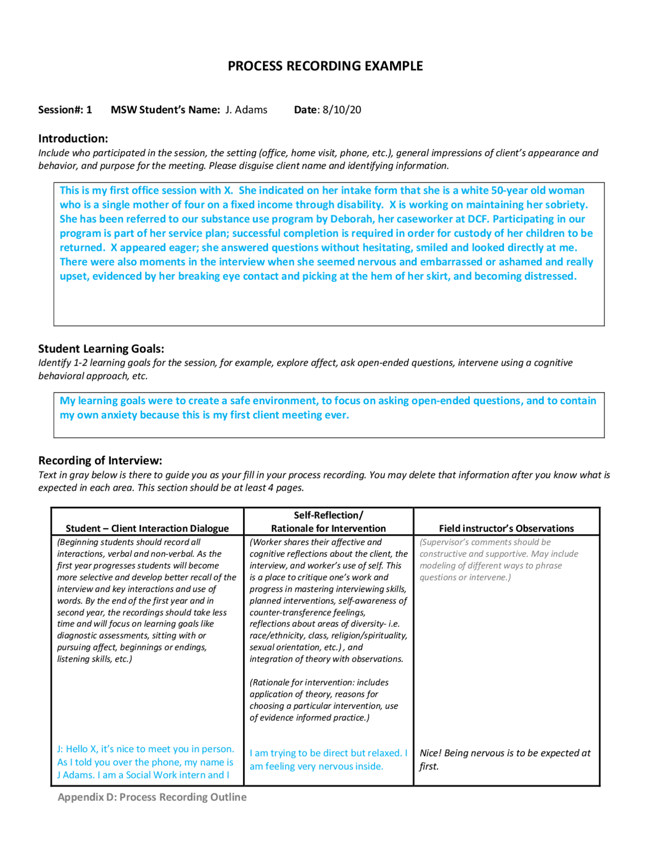 PROCESS RECORDING EXAMPLE | Study notes Religion | Docsity