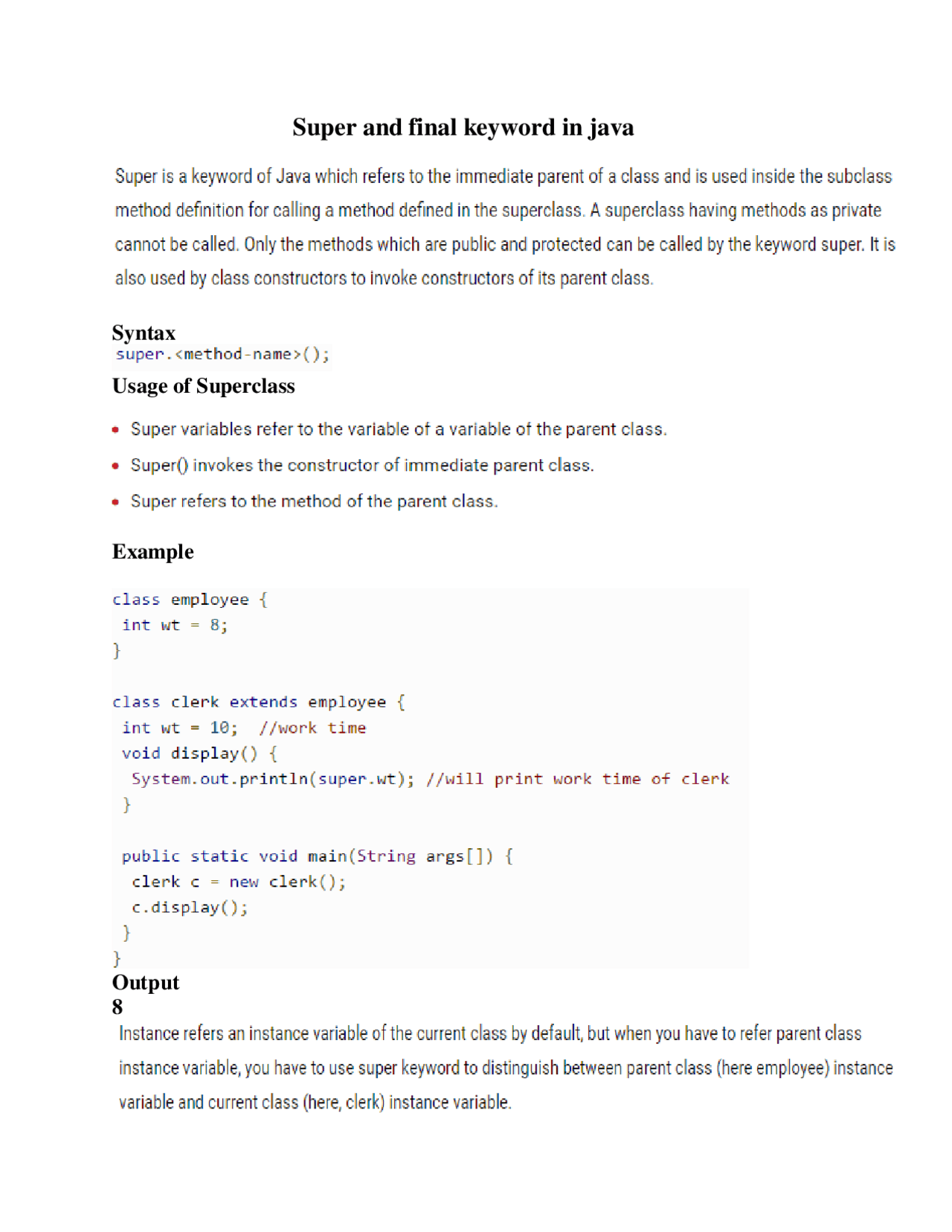 Super and final keyword in java | Study notes Java Programming | Docsity