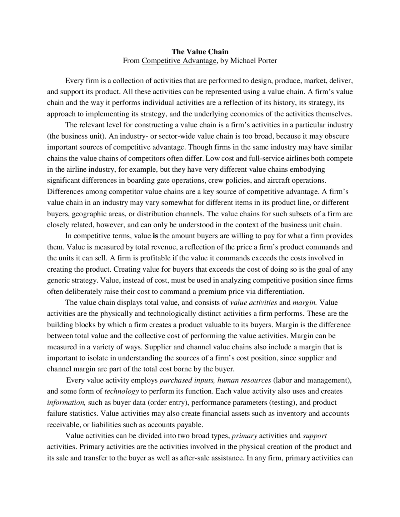 The Value Chain From Competitive Advantage, by Michael Summaries Design Docsity