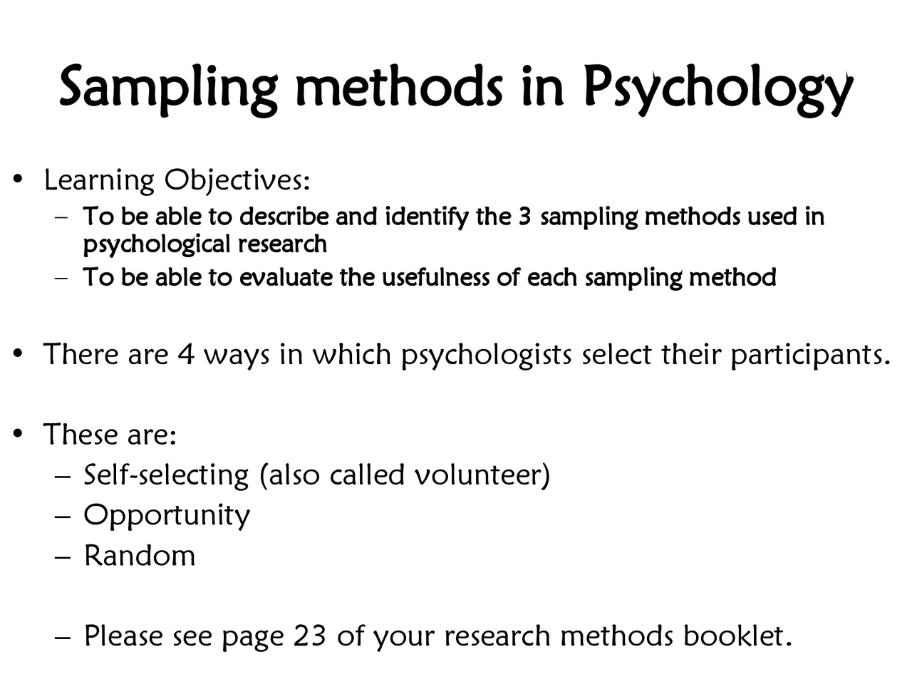 Sampling methods in Psychology | Slides Psychology | Docsity