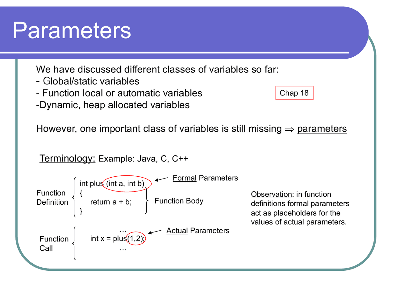 Parameters | Study notes Programming Languages | Docsity